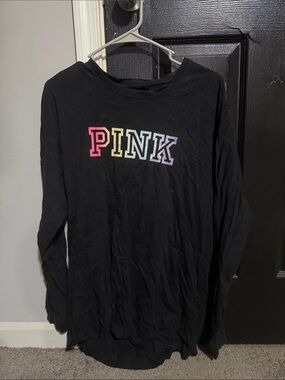 PINK Victoria's Secret Black Long-Sleeve Tee with Rainbow Lettering